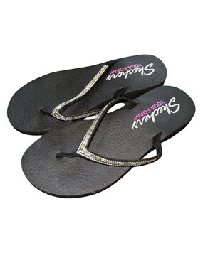 Skechers Yoga Foam Bling Beaded Strap Flip Flops Black Comfort Sandal Size 7